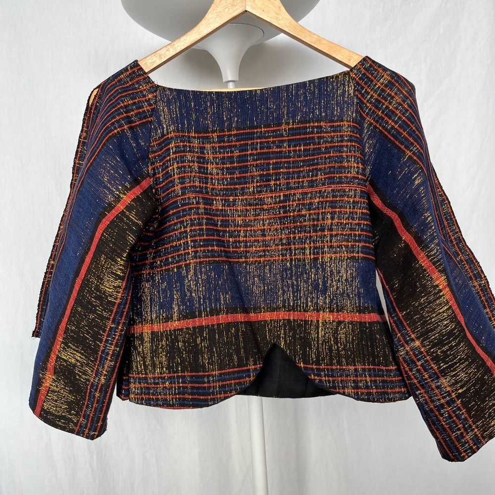 Authentic African mult-colour & gold metallic fabric crop-top with open sleeves.